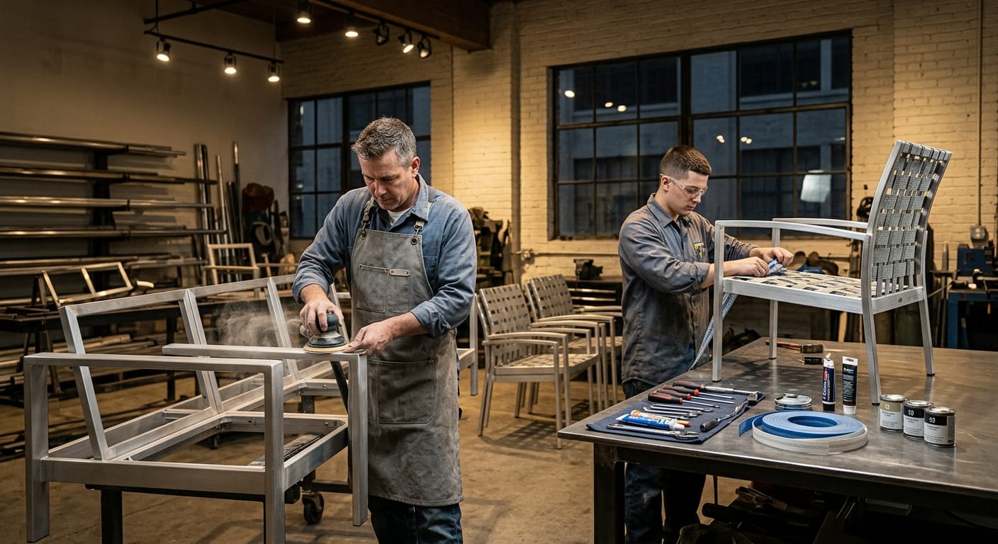 Close-up of skilled craftsman performing Aluminum Furniture Repair on a dented patio chair