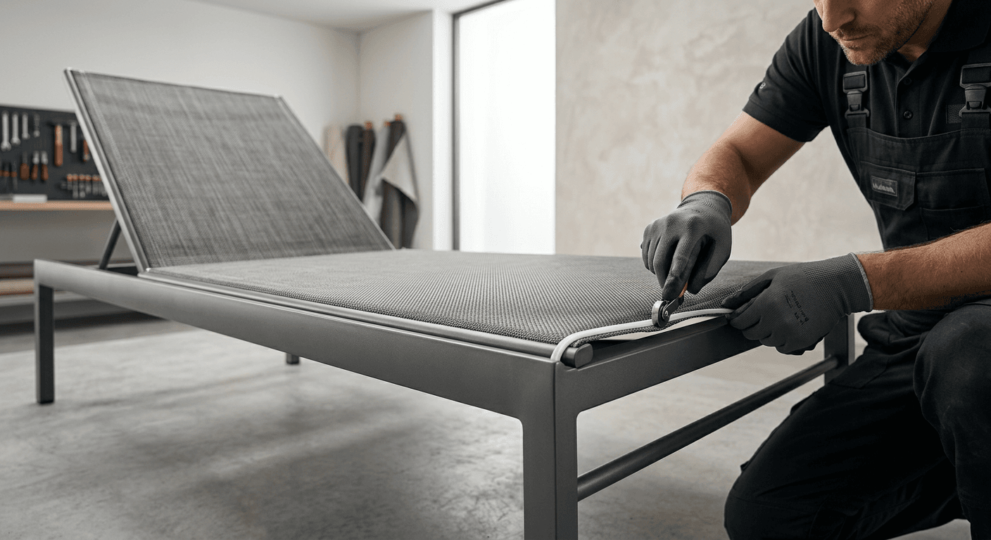 Detailed view of Chaise Lounge Reslinging: 4 Essential 20 fabric installation.