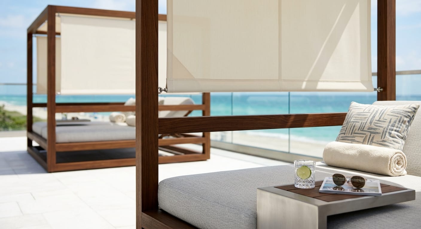 Custom Cabanas South Florida: 4 Essentia architectural blueprint overlaying backyard