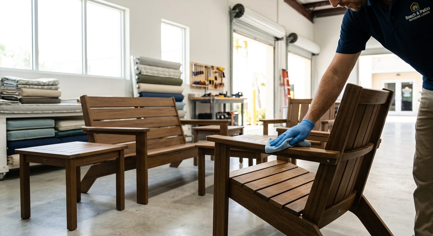 A serene, sunlit living room in a modern South Florida home, featuring elegant eco-wood furniture. Natural light highlights the wood's grain, with natural cleaning tools and a potted plant. Emphasizes natural care for Eco-Wood Furniture.
