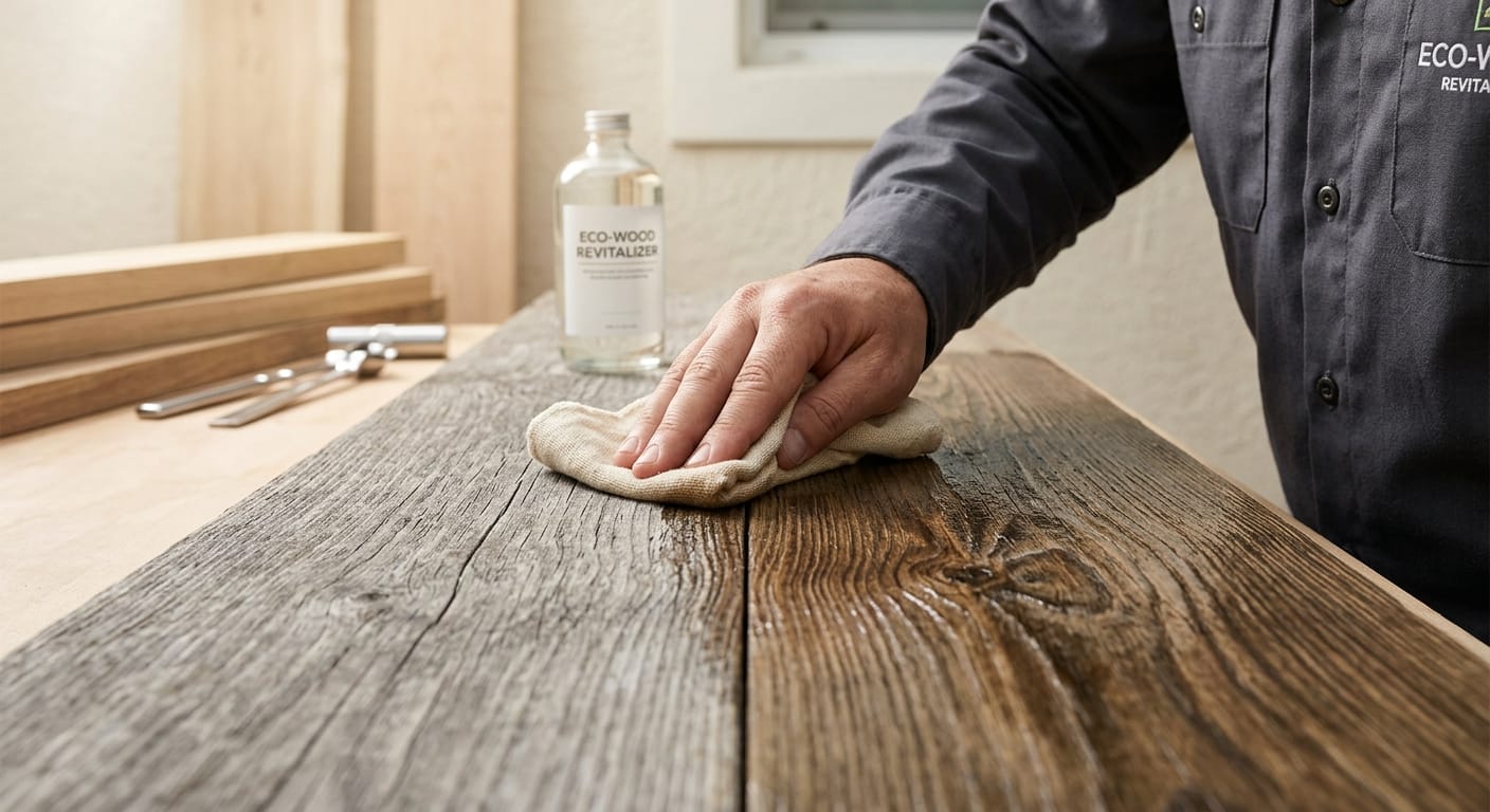 Close-up shot of a hand gently applying a natural, non-toxic wood polish to a section of beautiful eco-wood furniture, showcasing the healthy, protective sheen. Focus on longevity and protection provided by Eco-Wood Furniture Care.