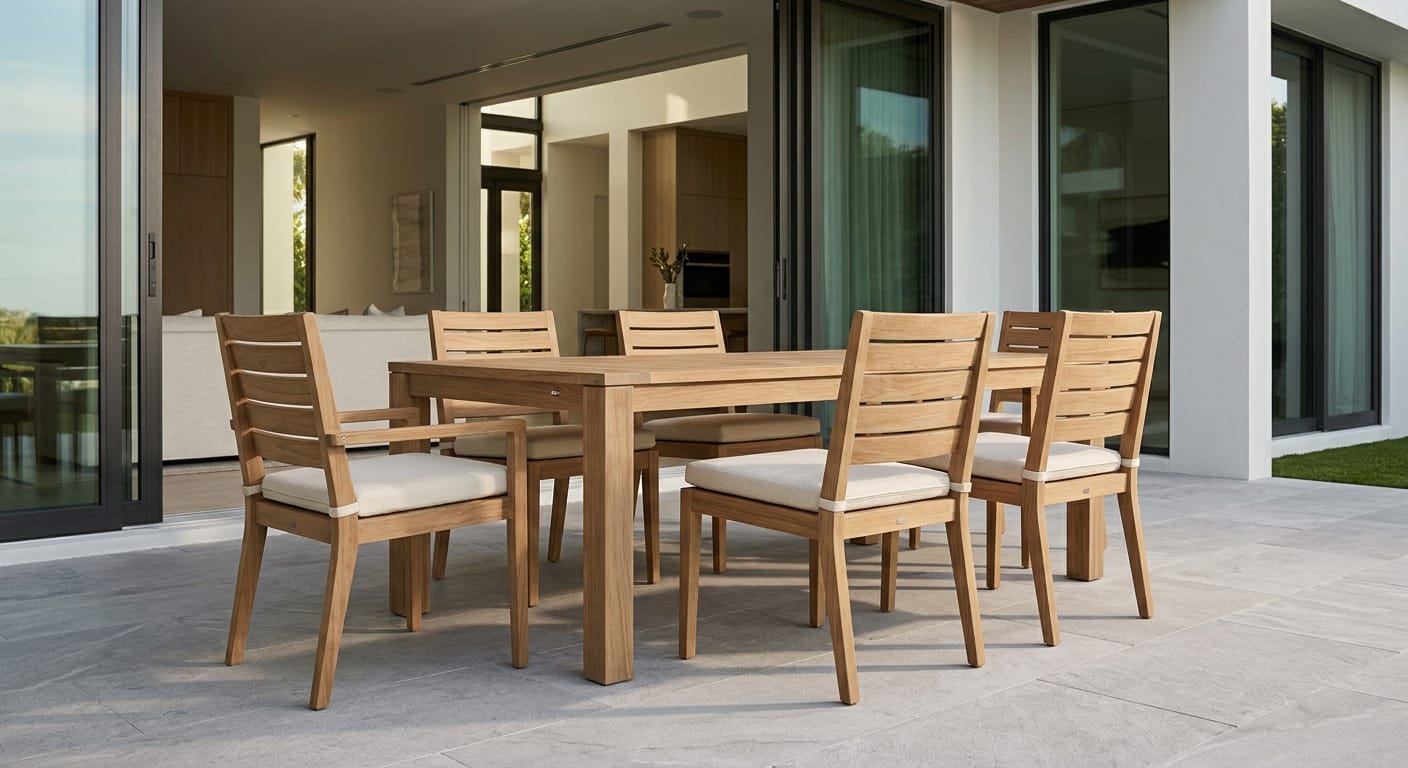 Modern minimalist Eco-Wood Patio Furniture dining set in a South Florida home