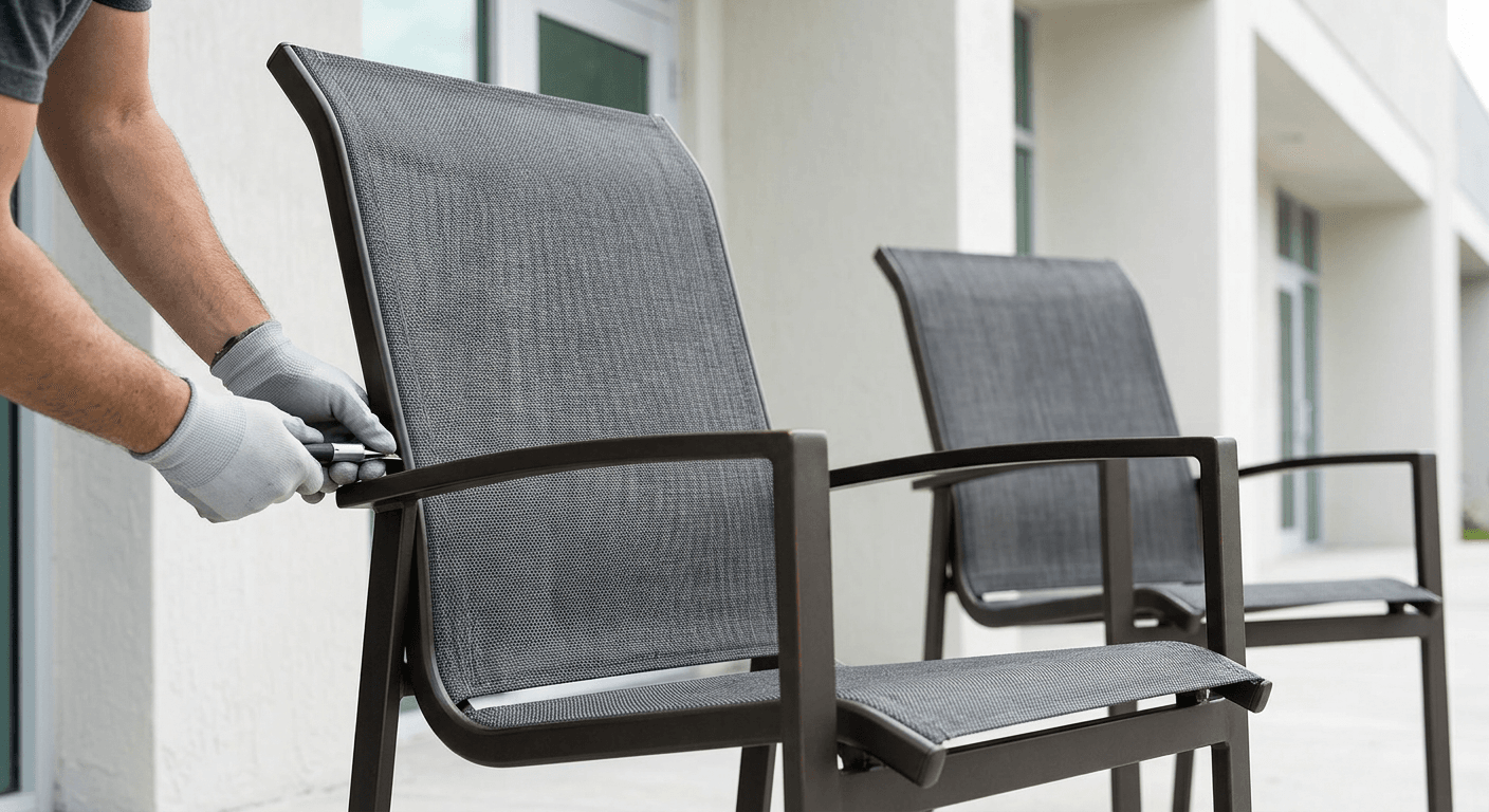 Patio Chair Reslinging South Florida: 5 with a close-up of new, taut fabric