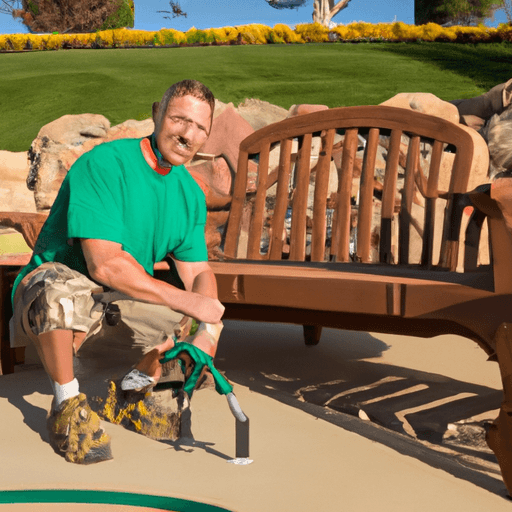 A serene outdoor patio in South Florida with meticulously maintained, stylish furniture, lush tropical plants, and a vibrant, sunny sky, demonstrating proper Outdoor Furniture Care.