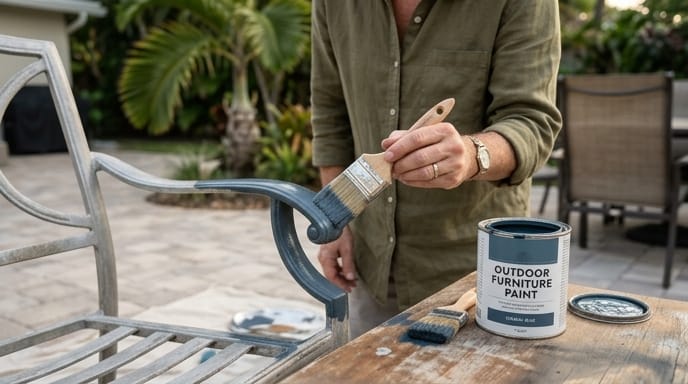 Close-up of a hand applying Outdoor Furniture Paint to a chair, demonstrating technique for an even coat.