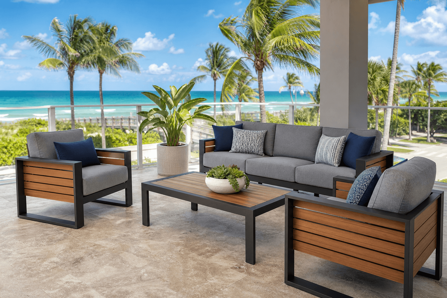 Vibrant, high-quality outdoor patio furniture enduring Florida sun, contrasting with faded, broken cheap outdoor furniture cost options in the background.