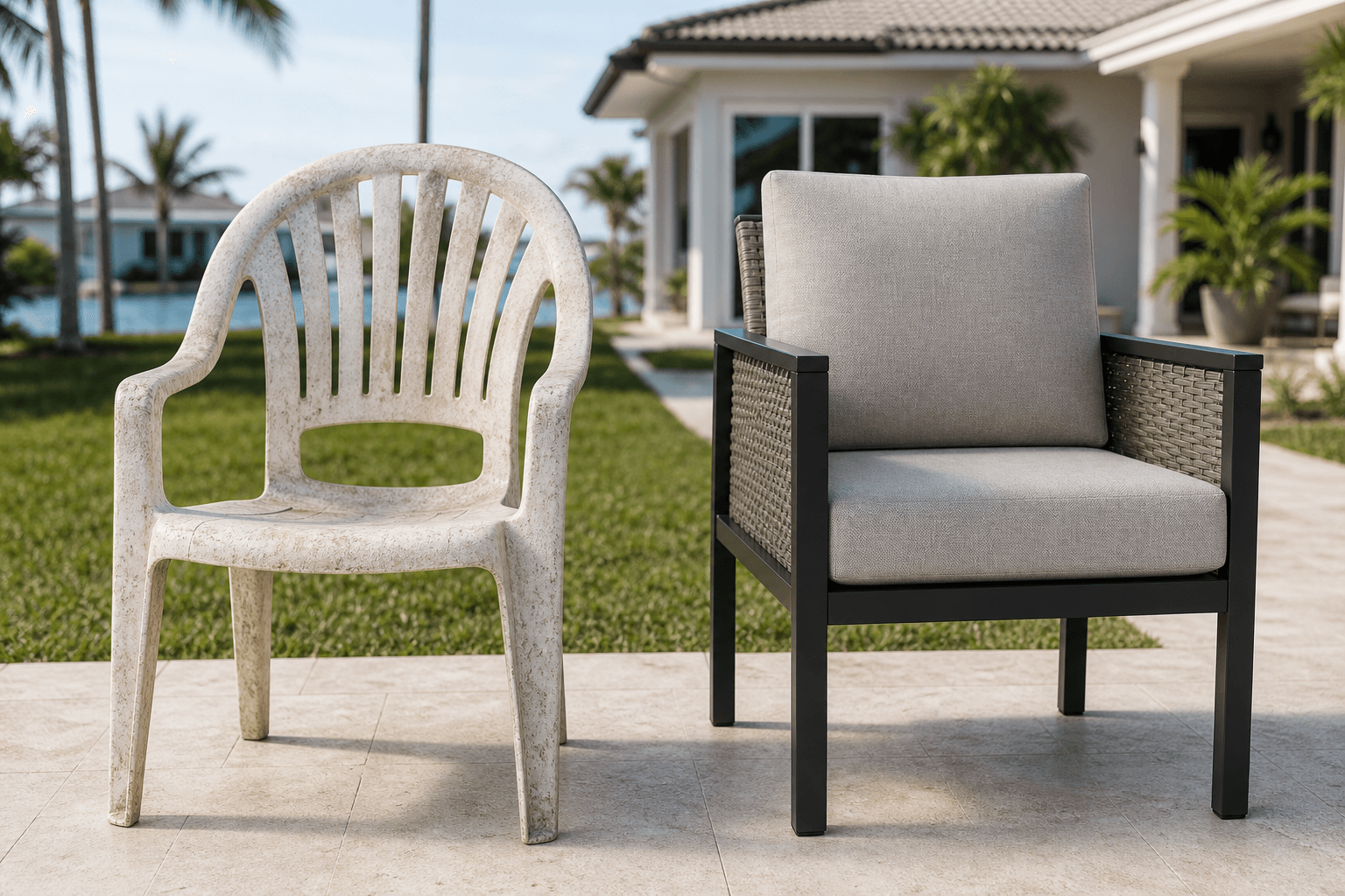 A comparison image showing a pristine, durable outdoor dining set next to a broken, faded cheap outdoor furniture cost set.