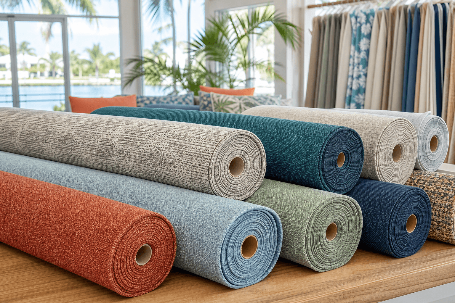 Outdoor Cushion Fabrics Pompano: Close-up of various swatches of high-performance outdoor cushion fabrics, showcasing different textures, colors, and patterns suitable for Pompano's climate. Hands are gently touching the fabrics, highlighting quality and feel, with a blurred Pompano beach backdrop. 16:9 aspect ratio.