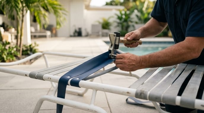 Before and after comparison of a patio chair showcasing damaged vinyl straps versus perfectly repaired, vibrant new 'Outdoor Vinyl Strap Repair' with strong sun shining on it, highlighting lasting durability.