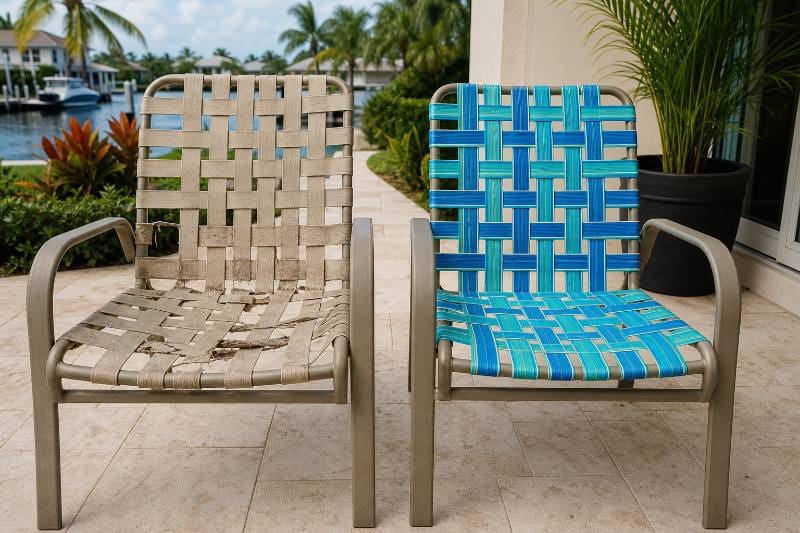 Patio Restrapping Cost Guide: Professional working on restrapping a patio chair in Pompano Beach