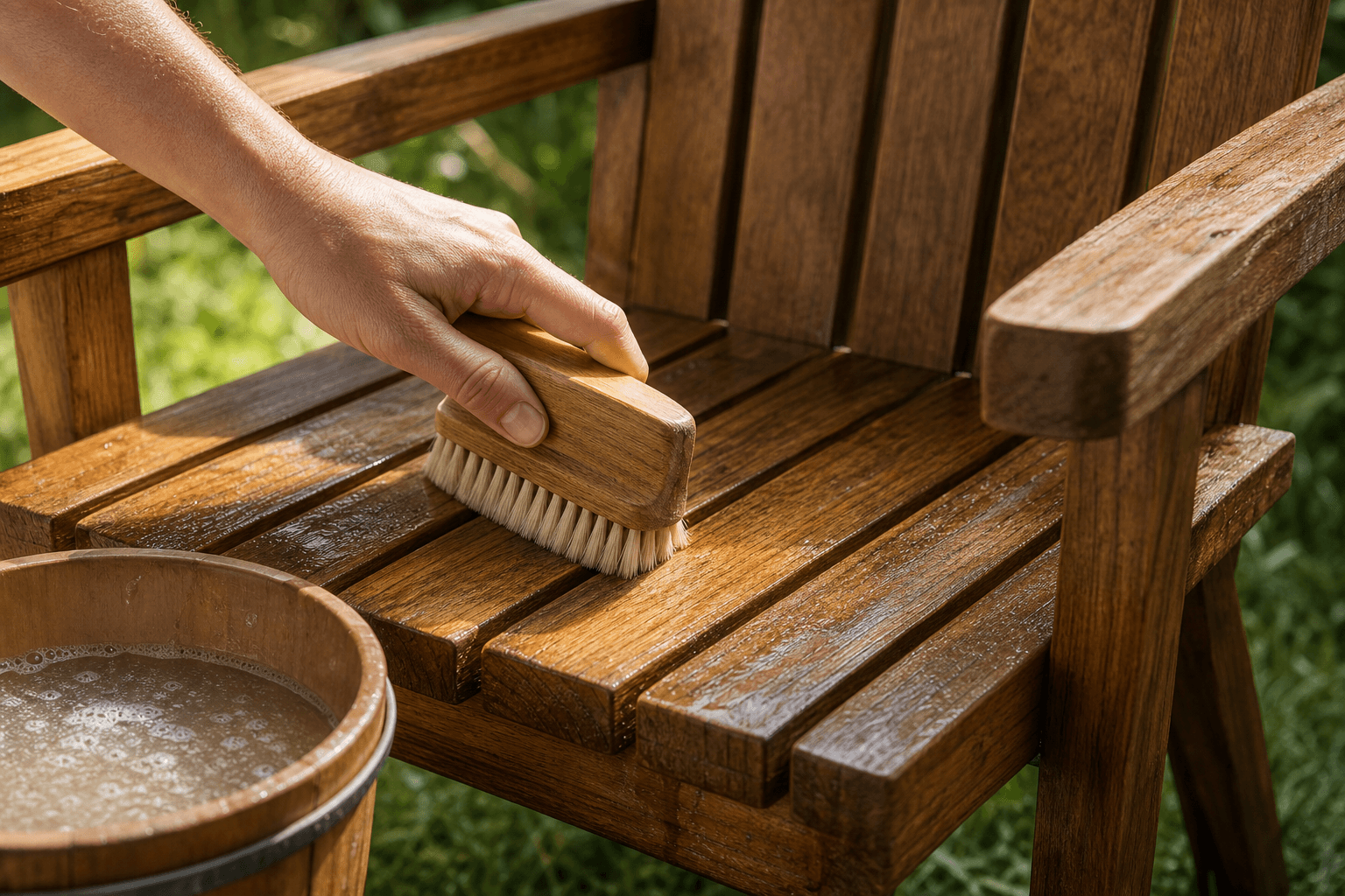 A professional cleaning crew performing Eco-Wood Furniture Cleaning on a large outdoor dining set in a lush South Florida setting.