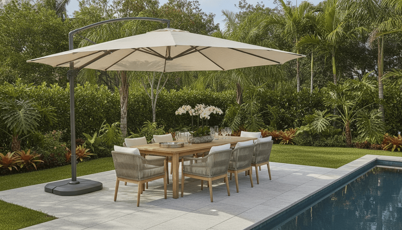 Large Patio Umbrellas providing ample shade over an outdoor dining area in South Florida