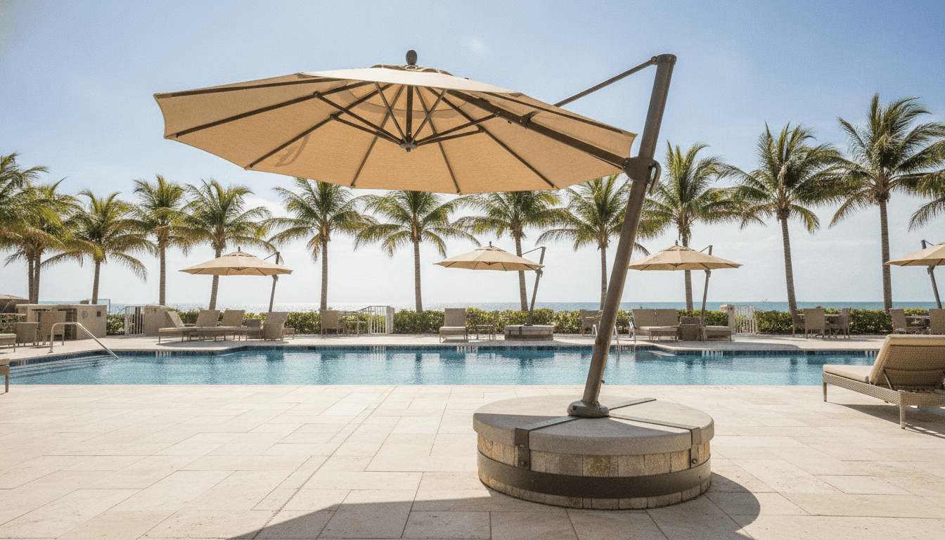 Large Patio Umbrellas providing shade for a luxurious poolside lounge in South Florida