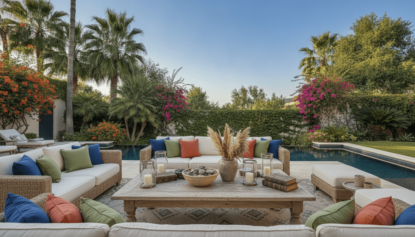 Elegant outdoor patio featuring a variety of outdoor coffee tables
