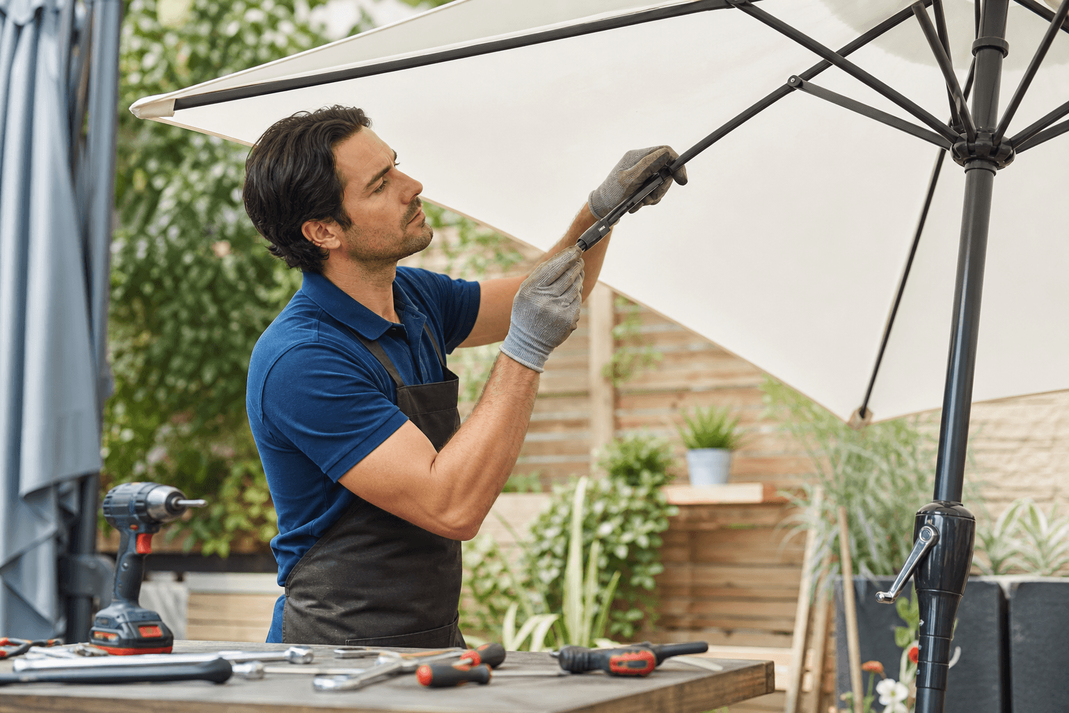 Close-up of hands expertly repairing Patio Umbrella Parts, showing ribs, crank, and canopy fabric