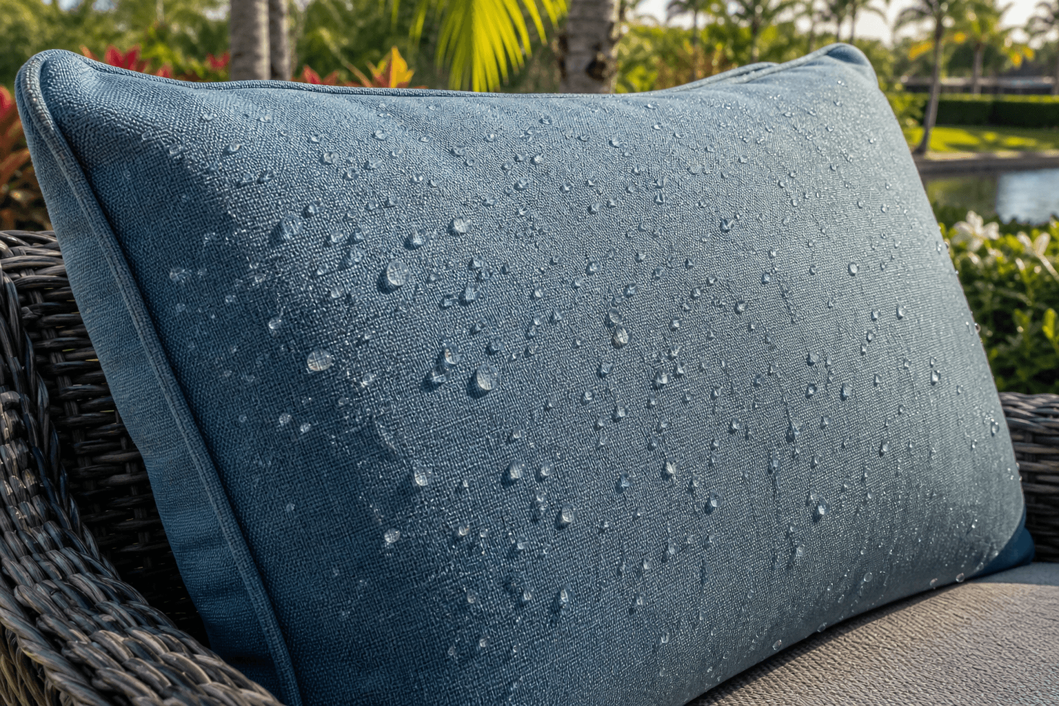 Weatherproof Patio Cushions: 5 Ultimate Secrets for... 4 Close-up of high-quality weatherproof patio cushion fabric with water beading off, demonstrating durability in a tropical South Florida setting, 16:9 aspect ratio.