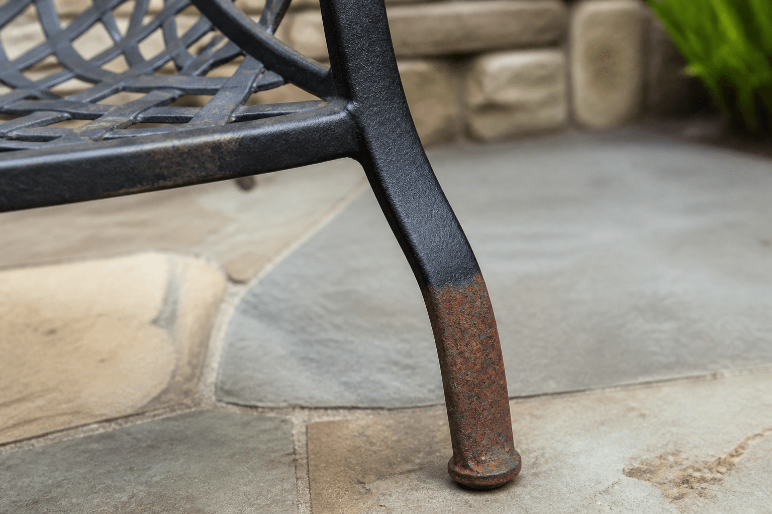 Close-up of a section of patio furniture showing the application of a corrosion-resistant refinishing process. Perhaps a skilled technician is performing a final inspection, or a segment of the furniture is visibly coated with a new, protective layer, contrasting with an untreated part. Emphasize durability and protection in a Florida environment. Corrosion Resistant Refinishing.