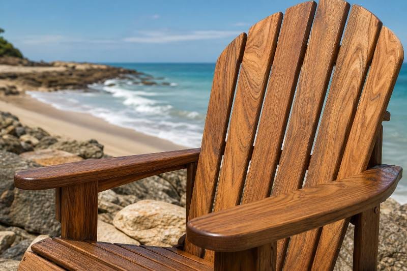 Eco-Wood Furniture Benefits: Close-up of the grain and texture of a piece of eco-wood furniture, showcasing its natural beauty, strength, and craftsmanship. In the background, a subtly blurred image of a vibrant, healthy forest, symbolizing sustainability. 16:9 aspect ratio.