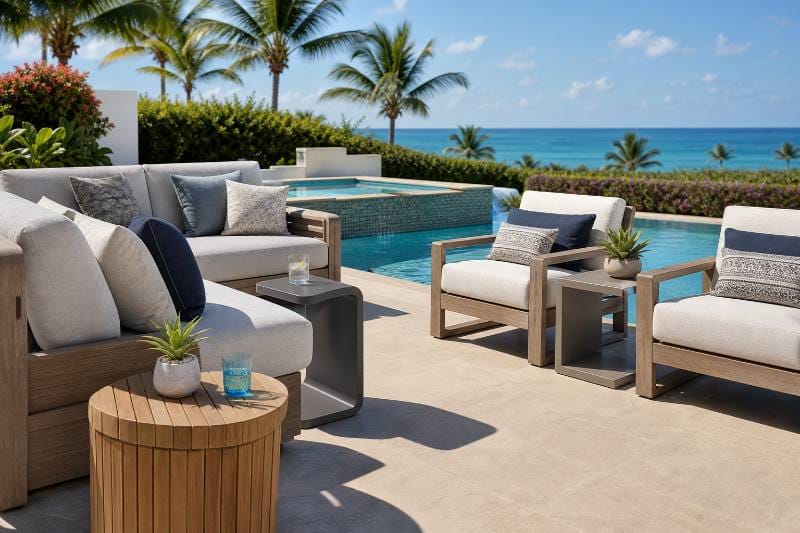 Diverse collection of 6 brilliant outdoor side tables, showcasing various materials and styles suitable for different Pompano patio settings, bathed in warm sunset light. Outdoor Side Tables.