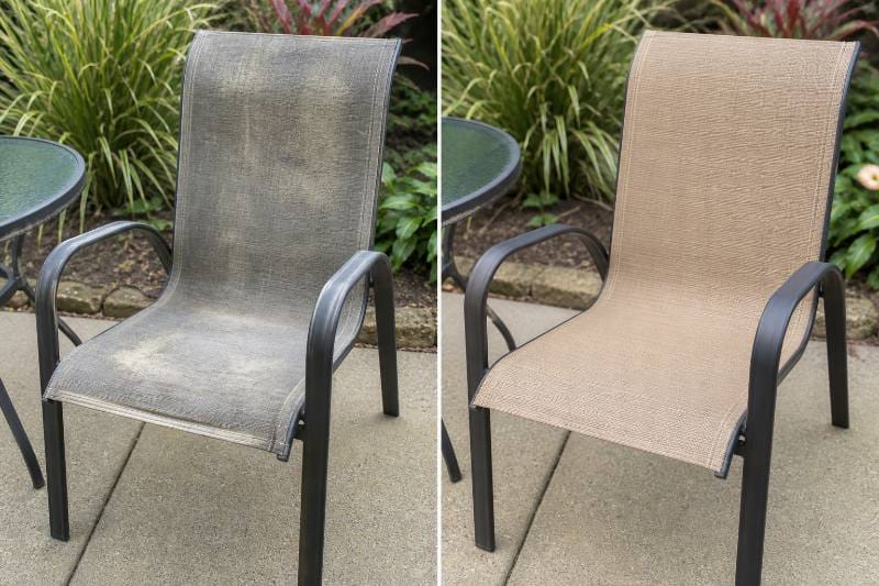Before and after comparison of old, faded patio furniture versus freshly reslung, vibrant patio furniture, showcasing the successful Patio Furniture Reslinging Process.