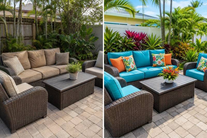 Professionals performing detailed wicker furniture repair on a large outdoor sectional, carefully reweaving sections.