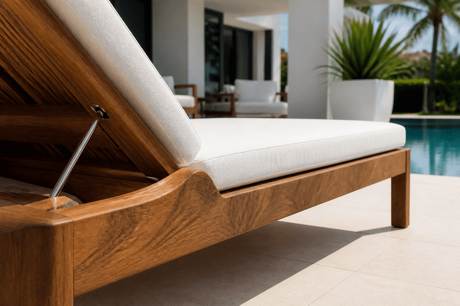 Stylish Eco-Wood Poolside Furniture lounge area with ocean view in Pompano Beach