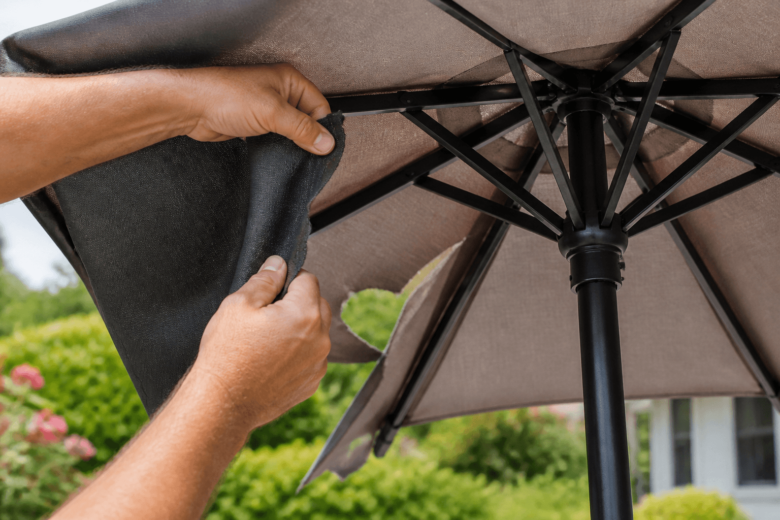 Step-by-step outdoor umbrella fabric replacement process.