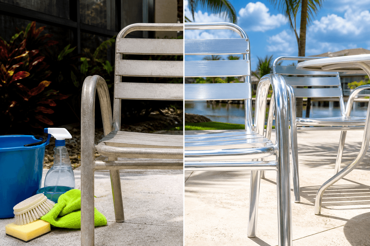 Close-up of hands cleaning aluminum patio furniture with appropriate tools and solutions, demonstrating proper Aluminum Patio Furniture Care techniques.