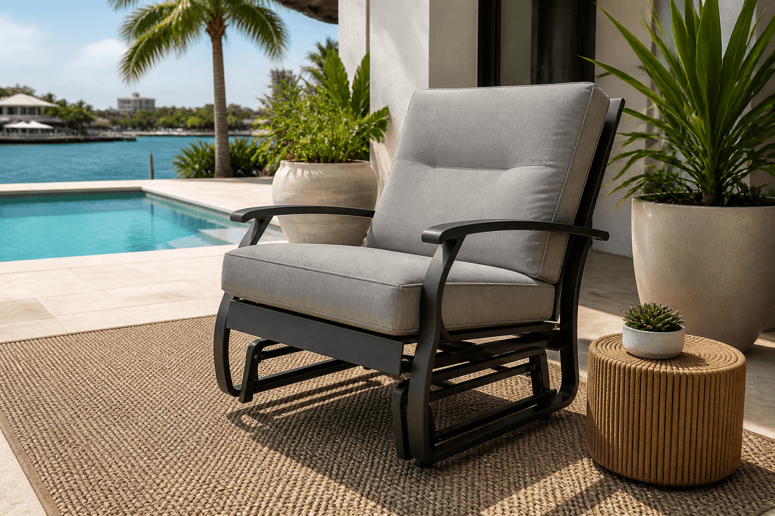 A couple relaxing on comfortable Outdoor Gliders Pompano in a sunny backyard