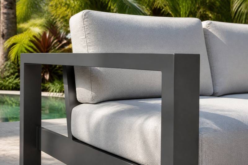 Modern Aluminum Patio Couches with plush cushions on a sunny patio