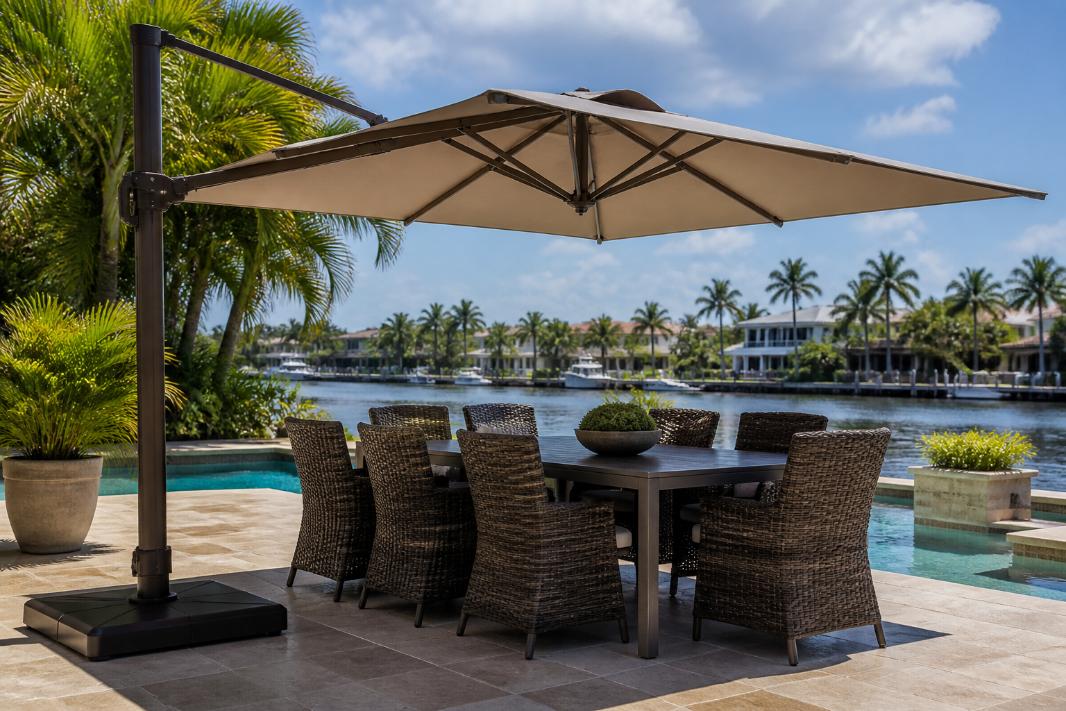 Cantilever Patio Umbrella: 6 Essential Designs for Brilliant 3 Large cantilever patio umbrella providing shade on a Pompano Beach patio
