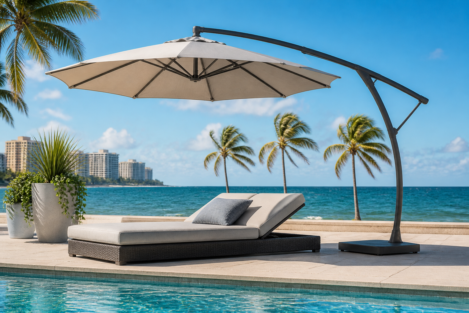 Cantilever Patio Umbrella: 6 Essential Designs for Brilliant 4 Close-up of a durable cantilever patio umbrella frame and base in a Pompano Beach commercial poolside area