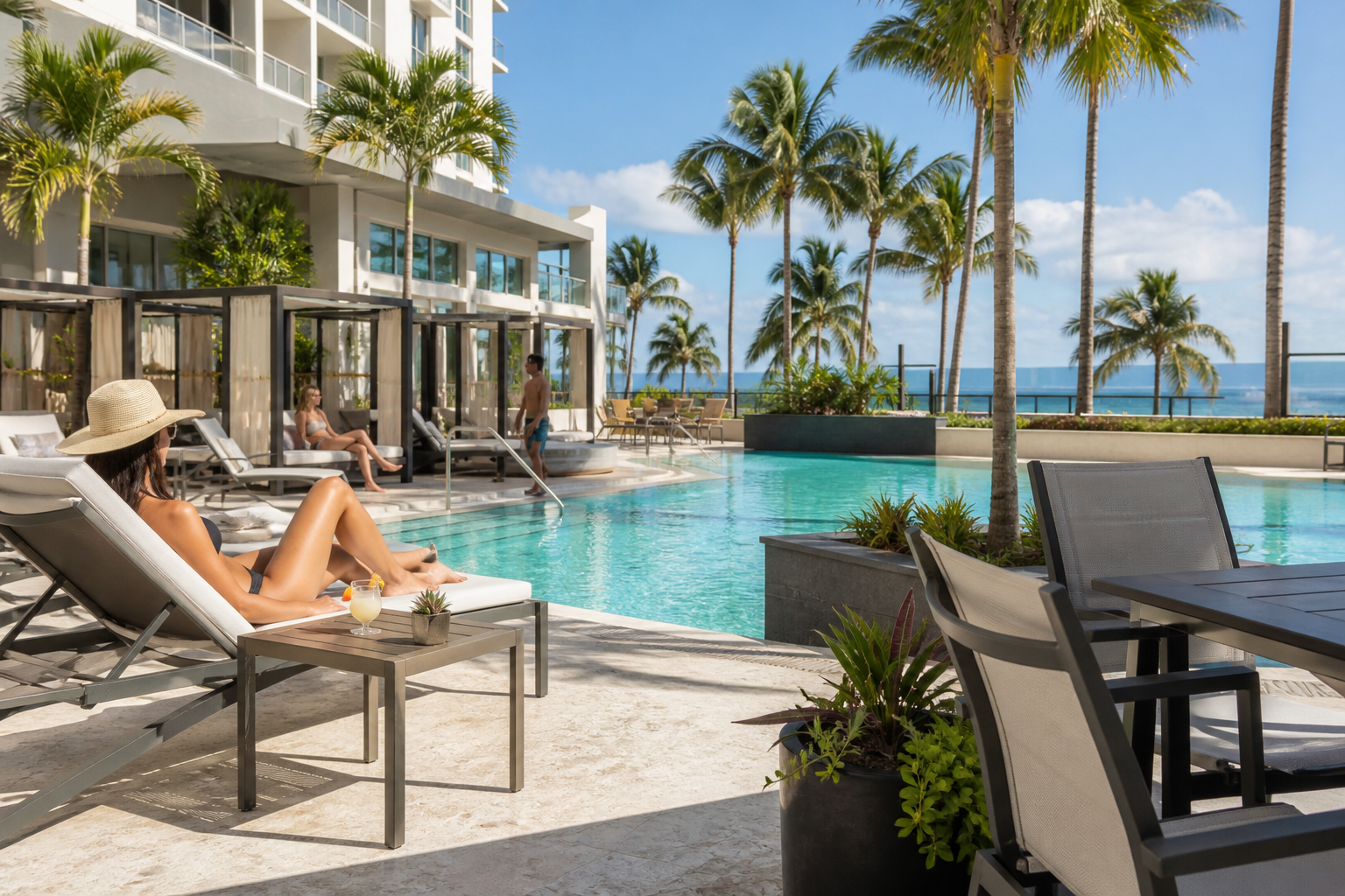 Hotel patio furniture durability in a vibrant Florida resort setting by Beach & Patio Outdoor Living.