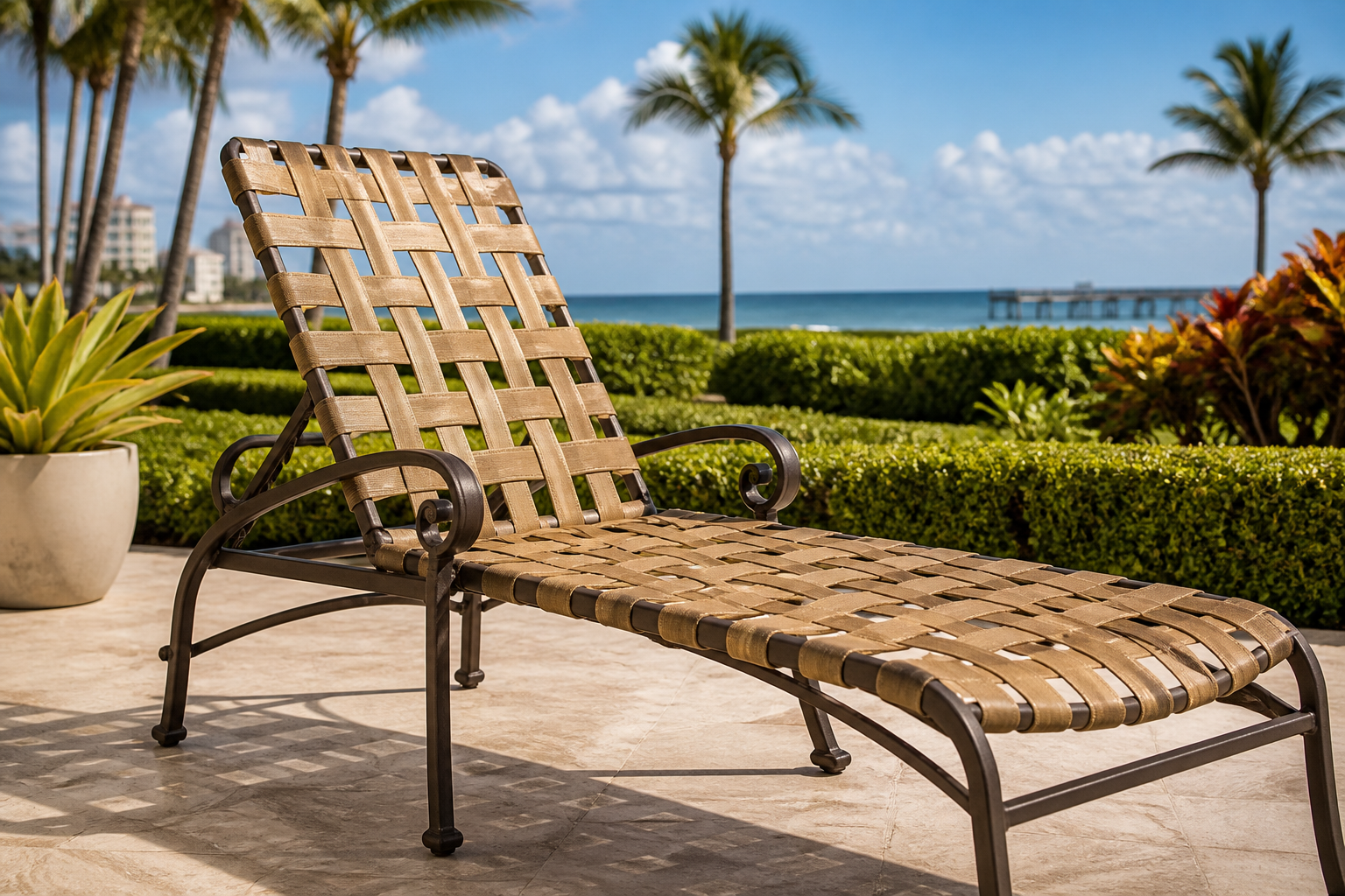 Custom outdoor furniture re-strapping process at Beach & Patio Outdoor Living workshop in South Florida.