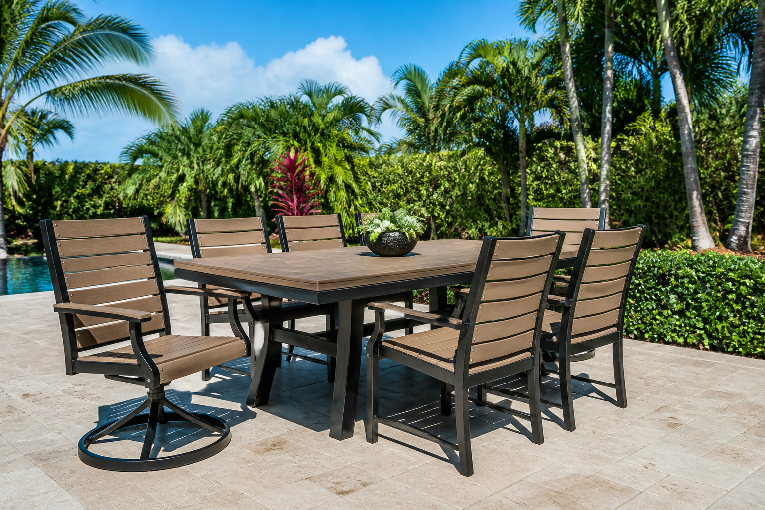 Custom aluminum and eco-wood patio furniture from Beach & Patio Outdoor Living, showcasing durable design for South Florida, cleaned without succumbing to patio furniture cleaning myths.