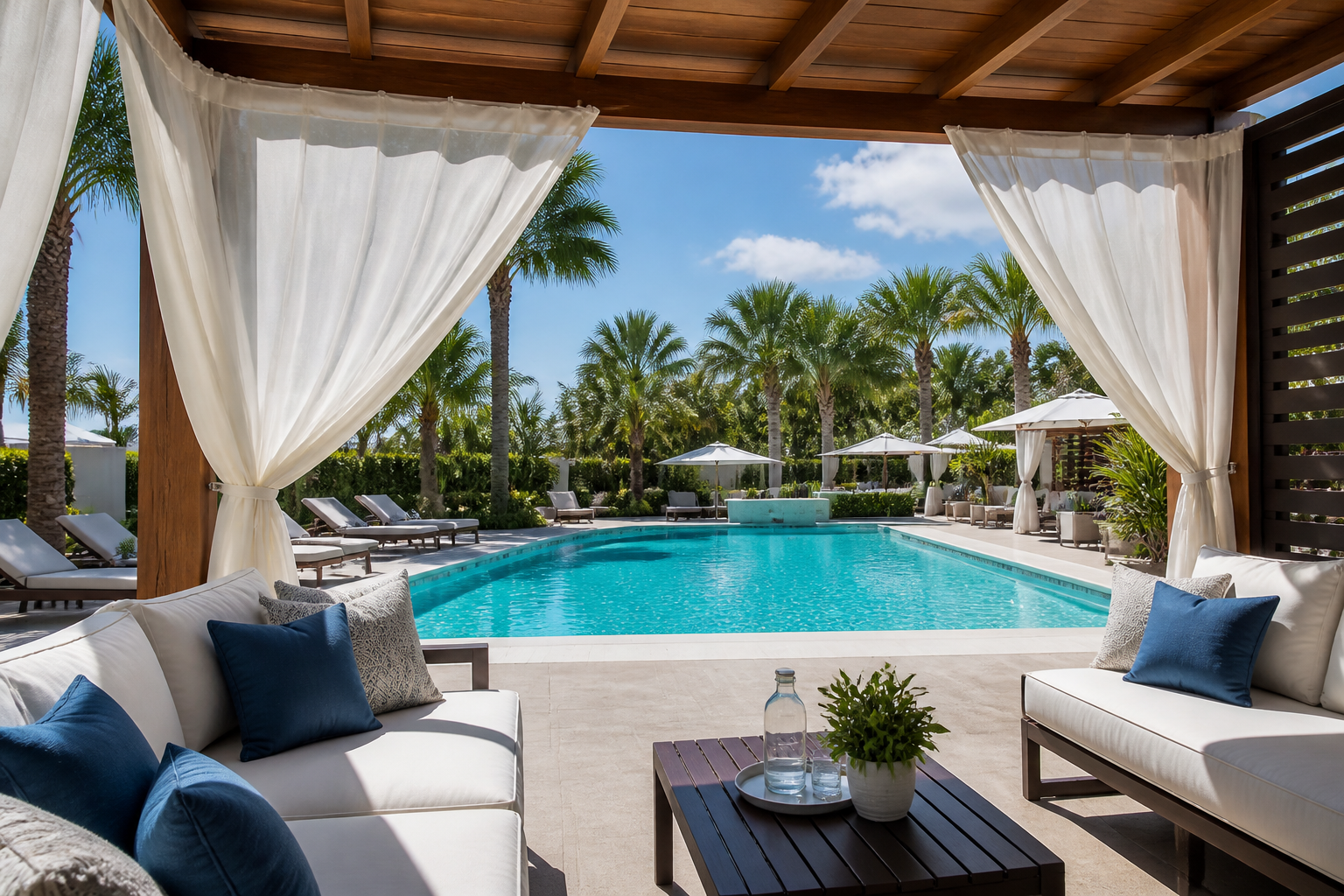 Custom poolside cabana benefits in a Pompano Beach oasis with durable outdoor furniture.