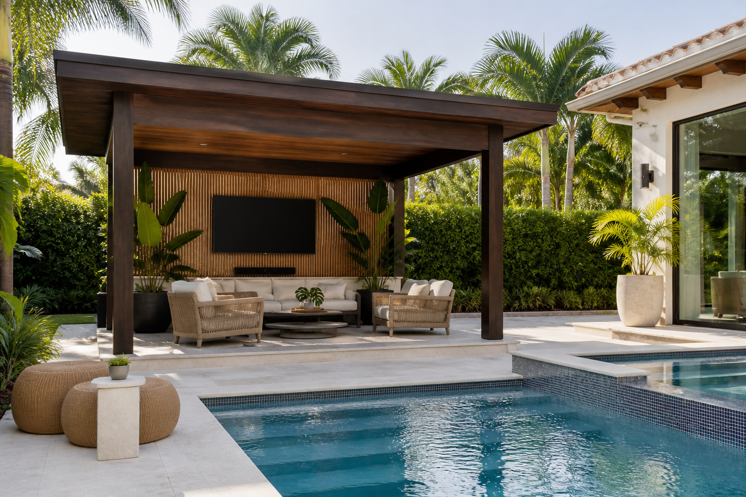 Durable materials for poolside cabana benefits designed for South Florida weather.