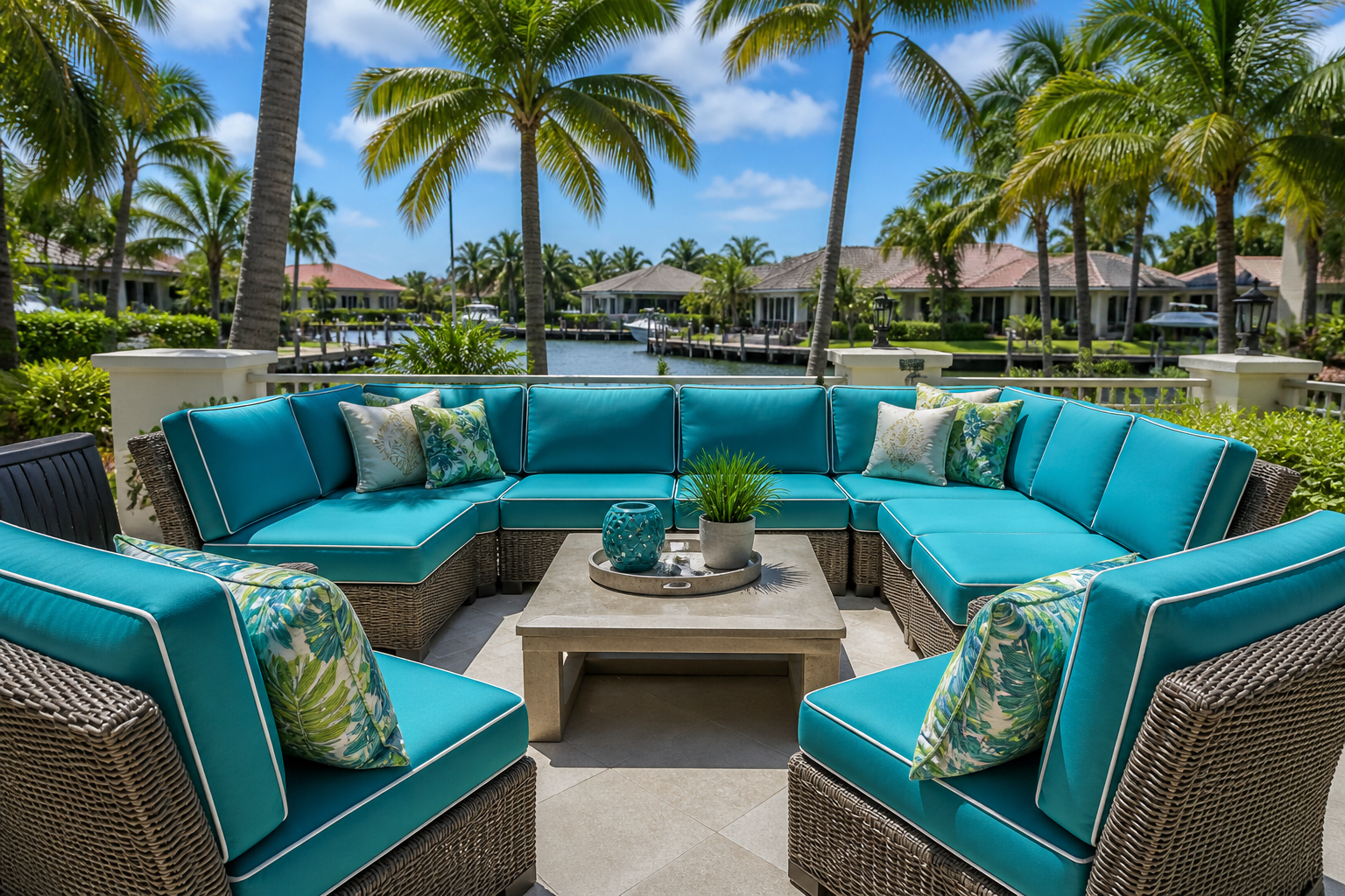 Outdoor patio furniture with vibrant Sunbrella cushion fabric in a sunny Pompano Beach setting.