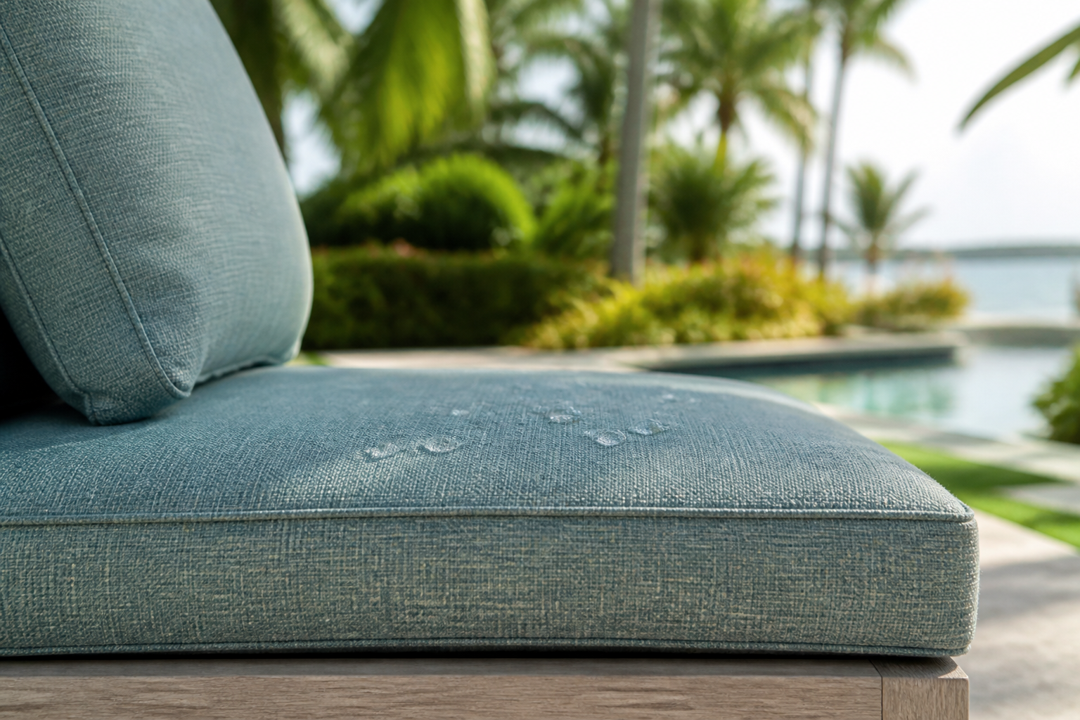 Close-up of water beading on durable Sunbrella cushion fabric on a Pompano Beach patio.