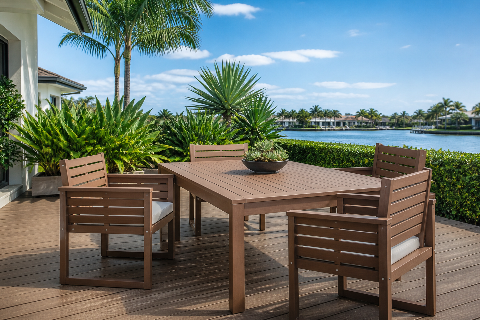 Sustainable outdoor furniture made of eco-wood with custom cushions on a patio in Pompano Beach
